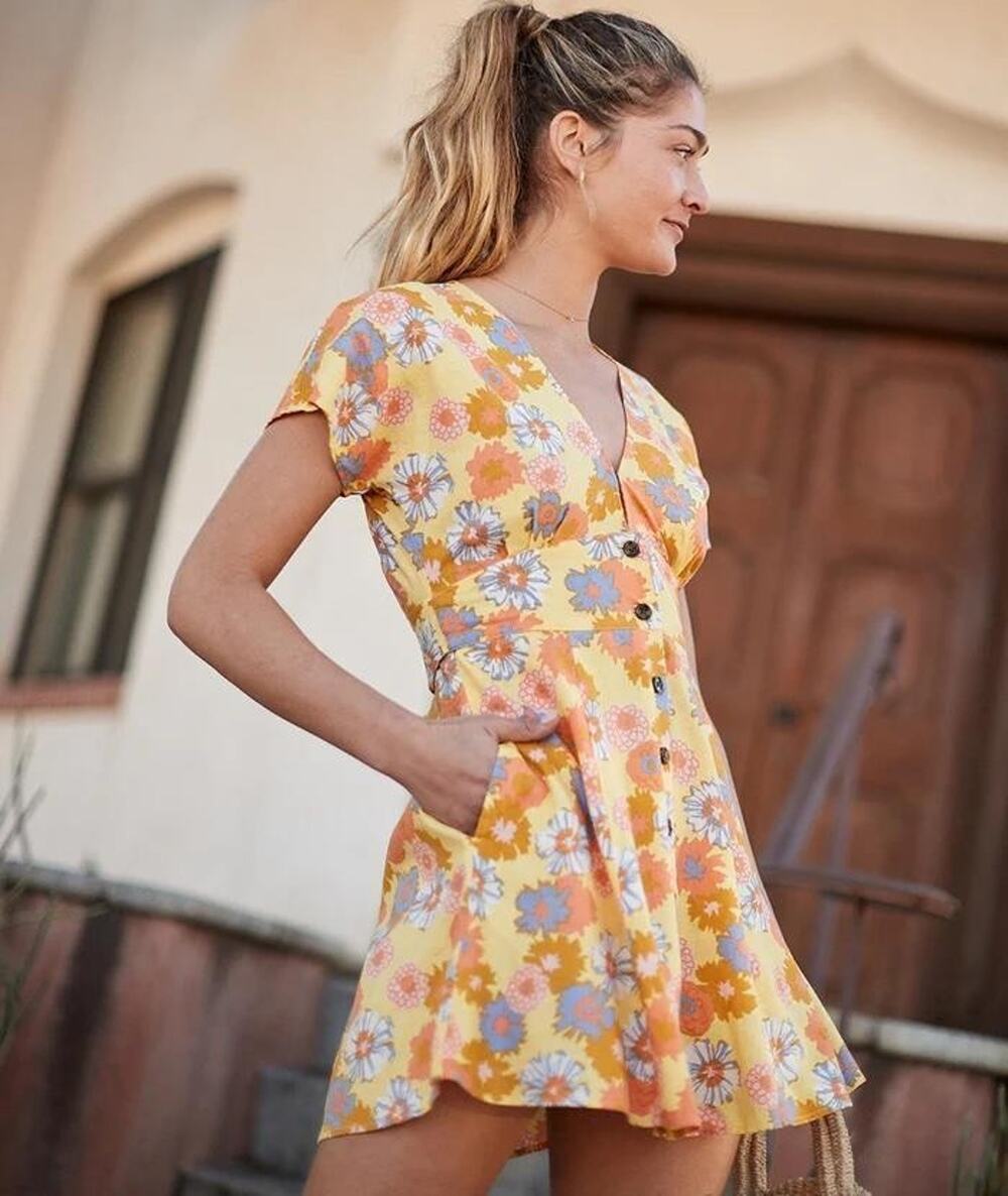 Marine Layer Camila Yellow Floral Print Mini Dress Small
